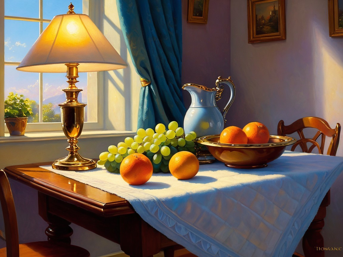 Sunlit Room with Wooden Table and Fresh Fruits