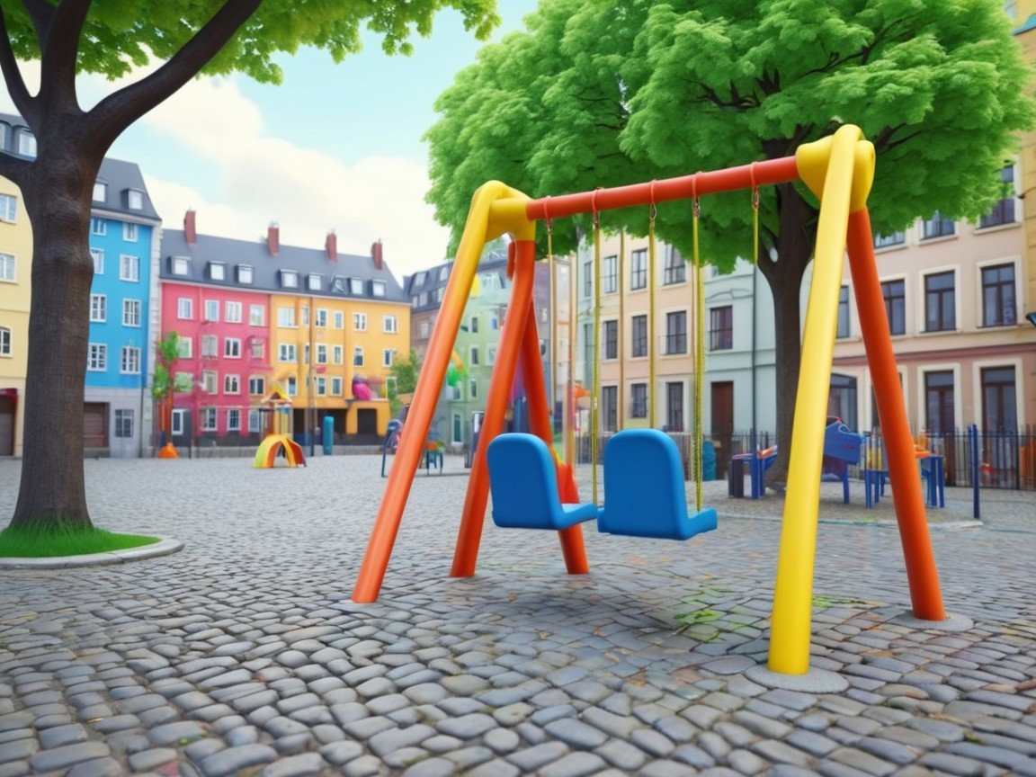 Colorful Playground Scene with Swing Set and Trees
