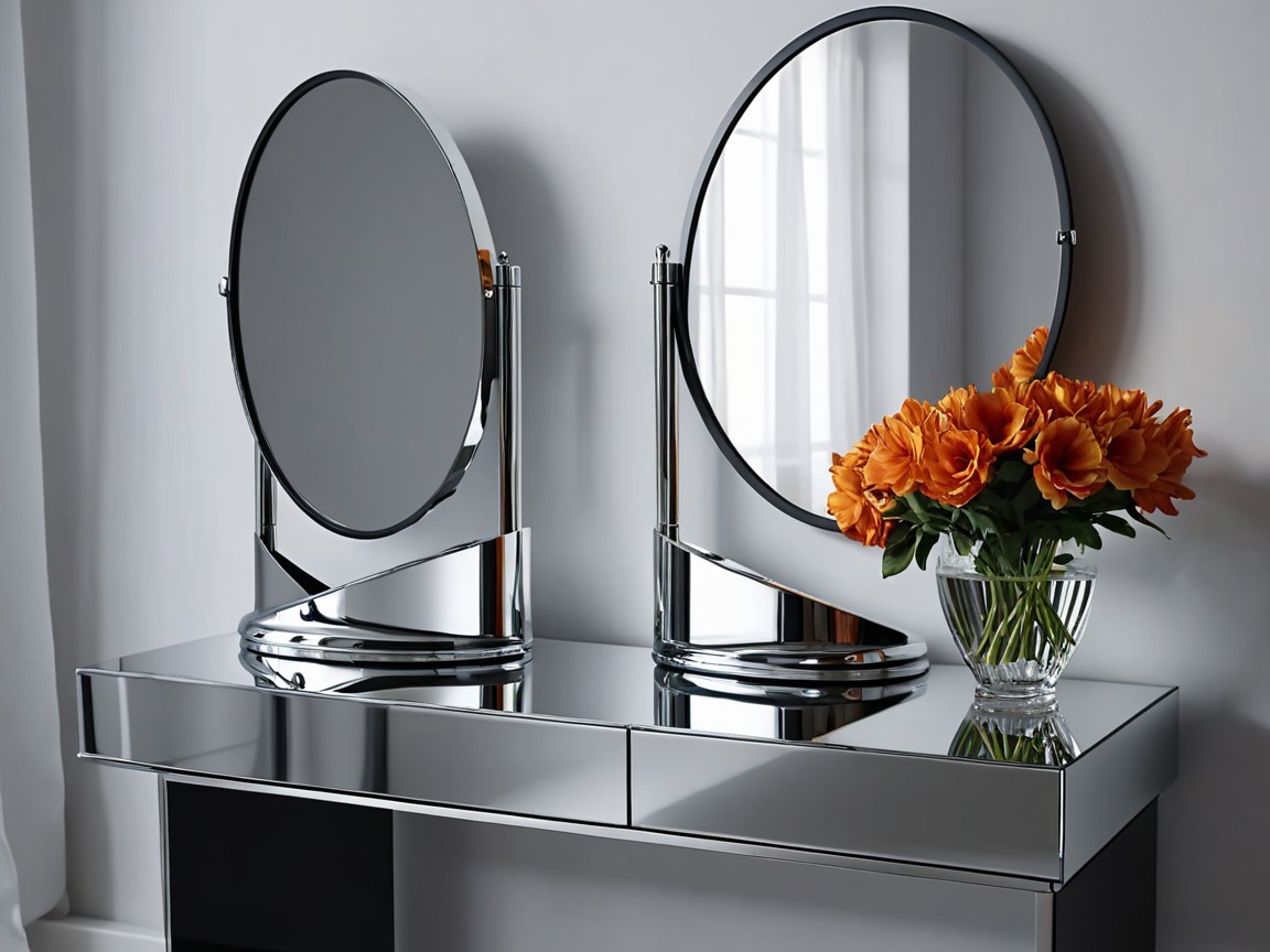 Modern Vanity Table with Mirrors and Vibrant Flowers