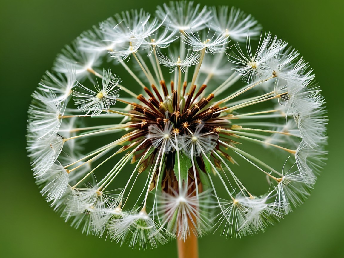 Close-up of a dandelion puffball with white seeds