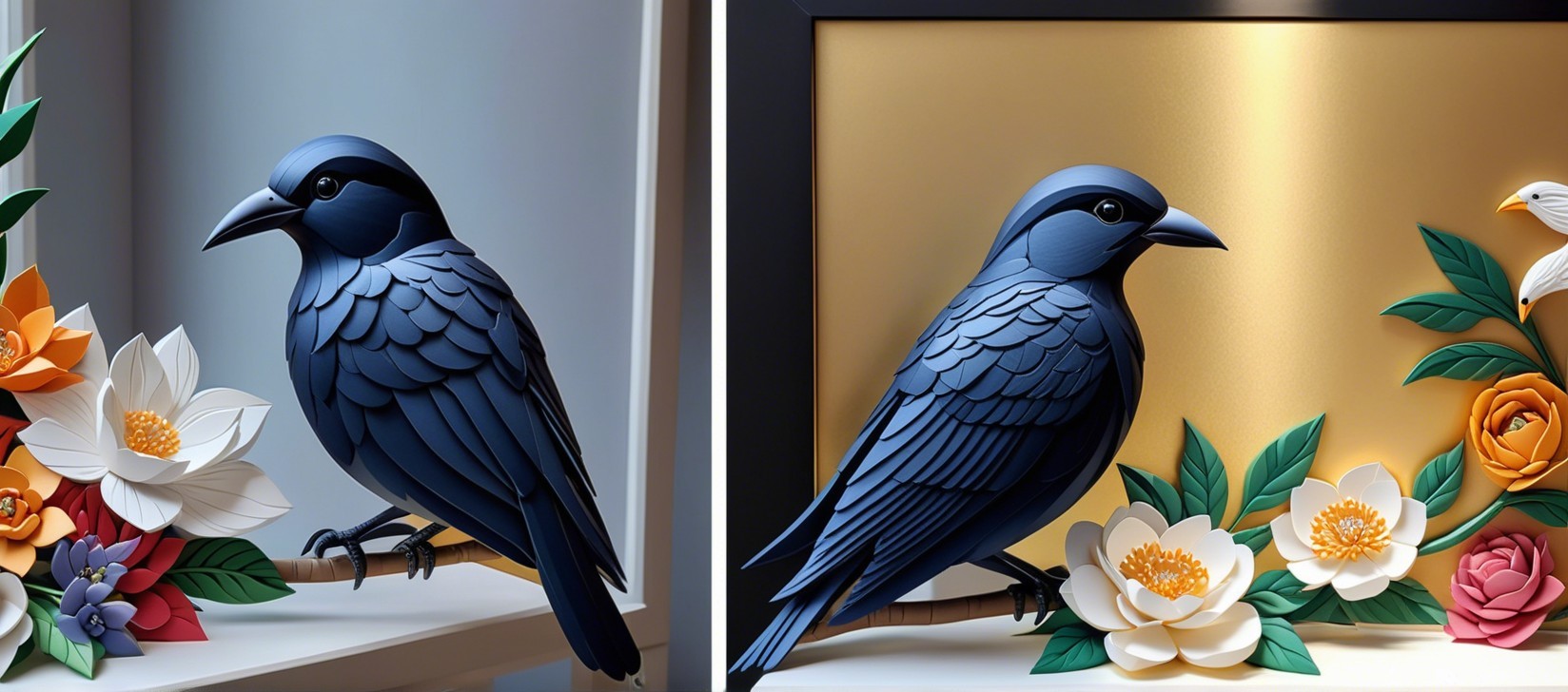 Papercraft Bird on Branch with Colorful Flowers