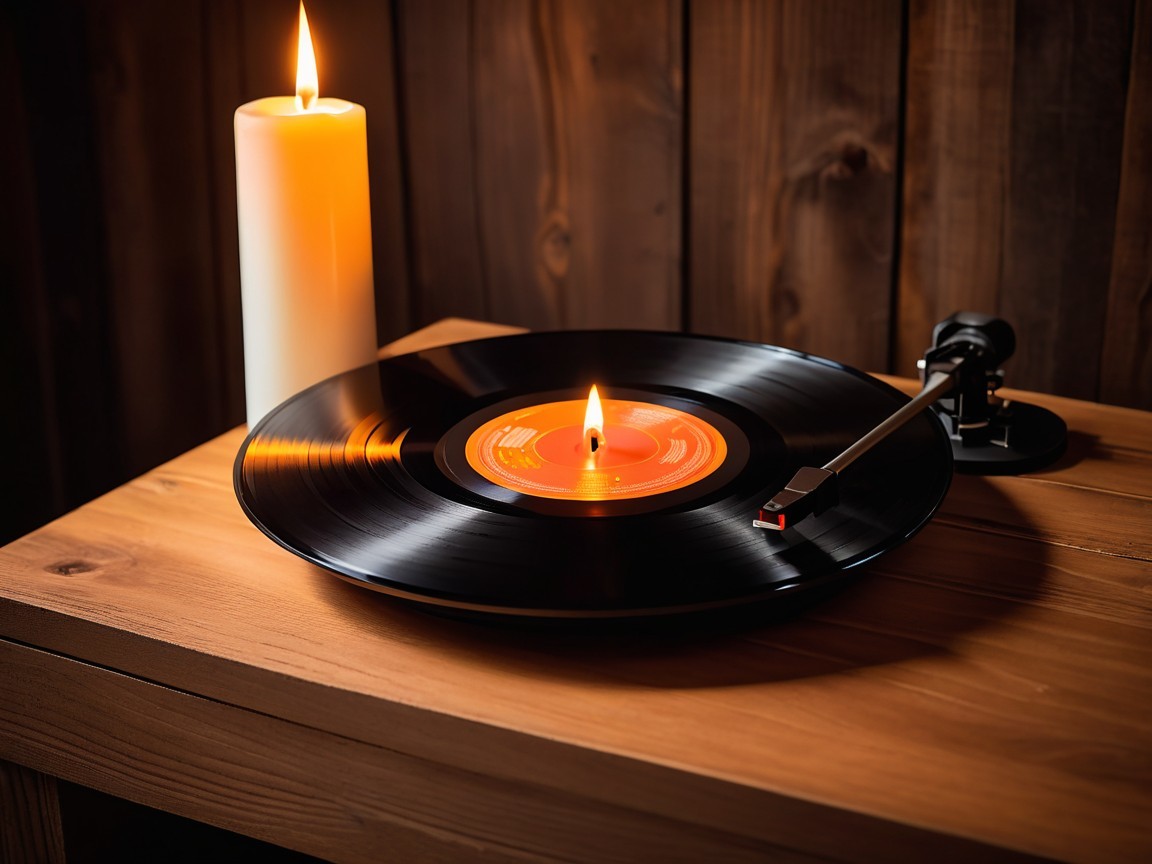 Vintage Vinyl Record on Wooden Table with Candlelight