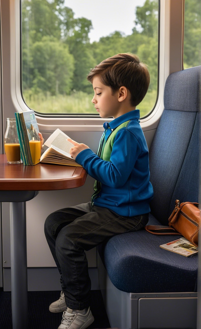 Young Boy Reading by Train Window with Scenic View