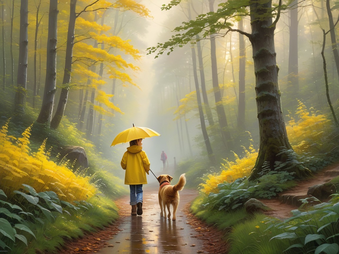 Person in yellow raincoat walks dog in misty forest