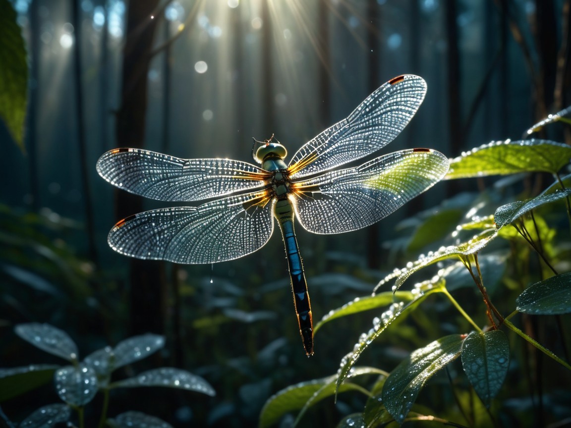 Dragonfly with Translucent Wings in Sunlit Forest