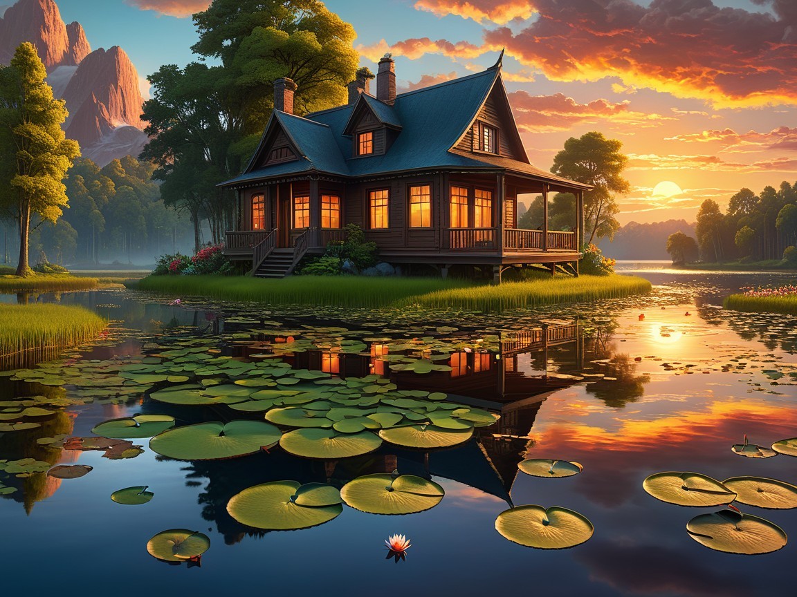 Storybook Wooden House on Grassy Island at Sunset