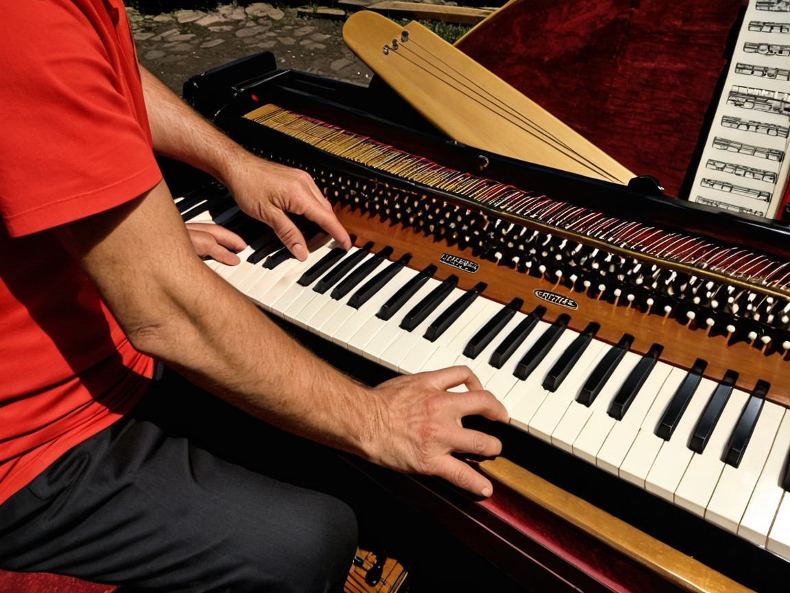 Piano Playing with Sunlit Wooden Craftsmanship