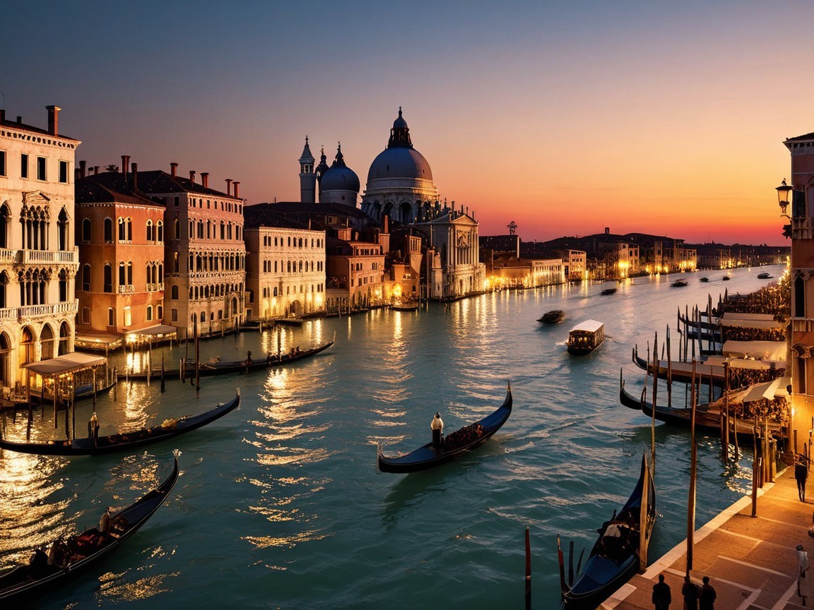 Grand Canal in Venice at Sunset with Gondolas