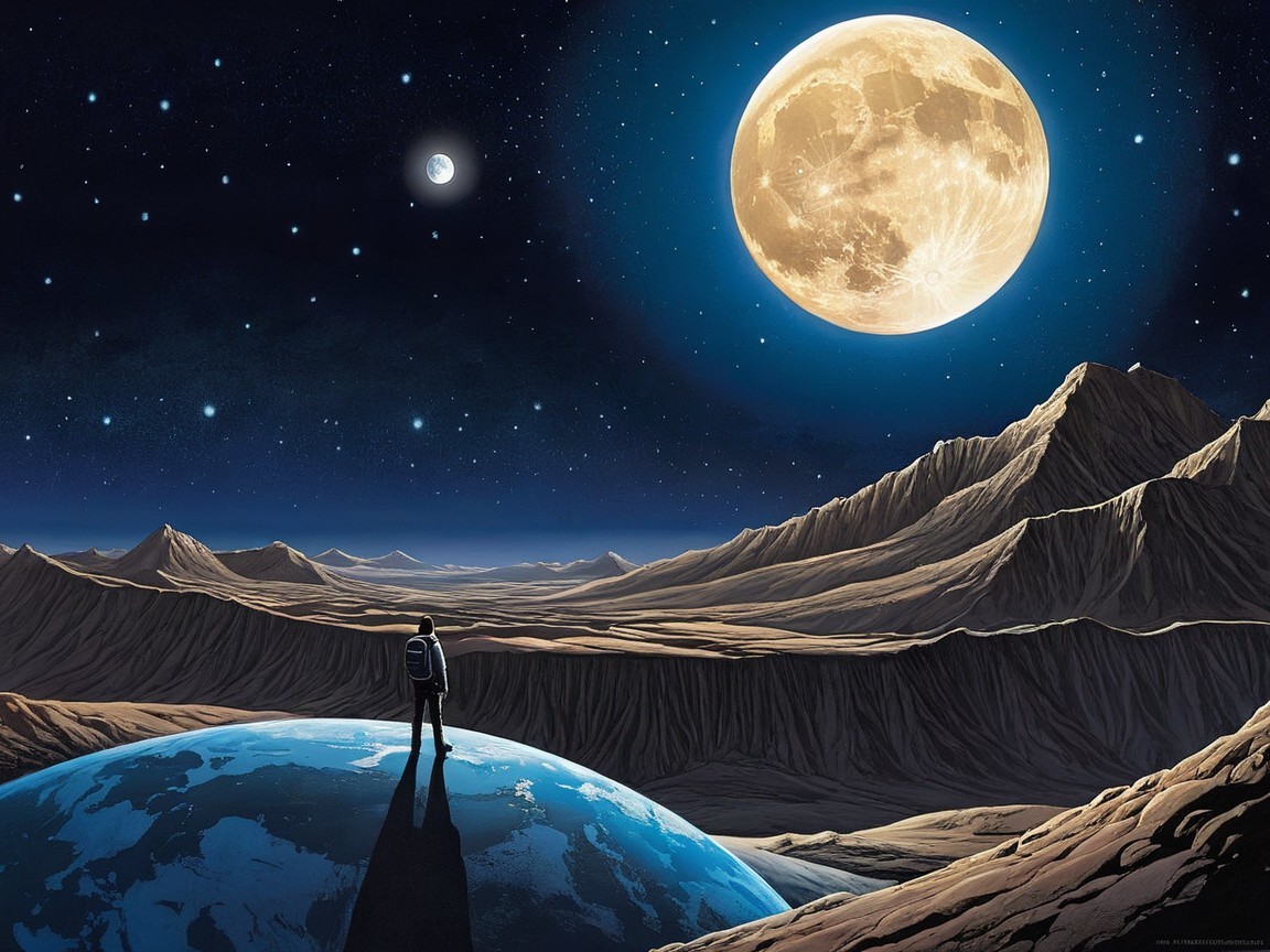 Astronaut on Crater Planet with Two Moons Visible