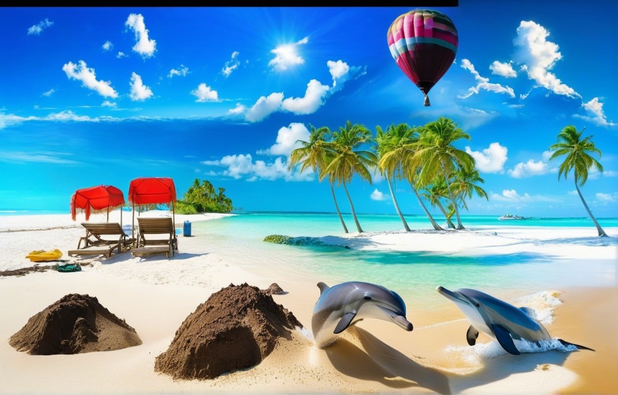 Tropical Paradise with Dolphins and Beach Scene