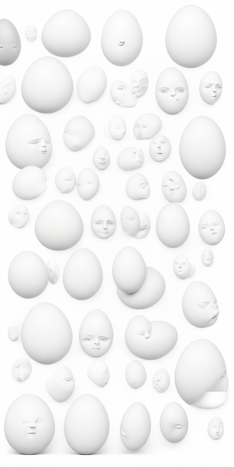 White Plaster Egg-Shaped Forms with Human Faces
