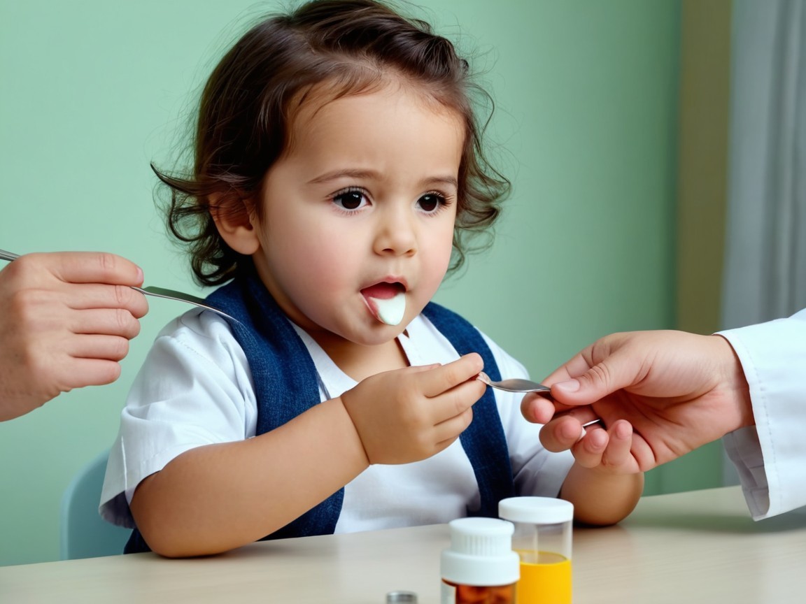Toddler Taking Medicine with Adult Assistance