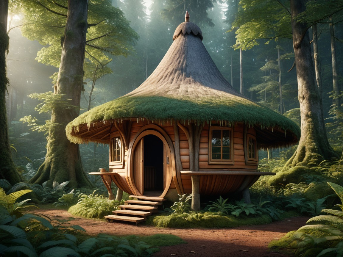 Whimsical Wooden Cottage in a Lush Green Forest