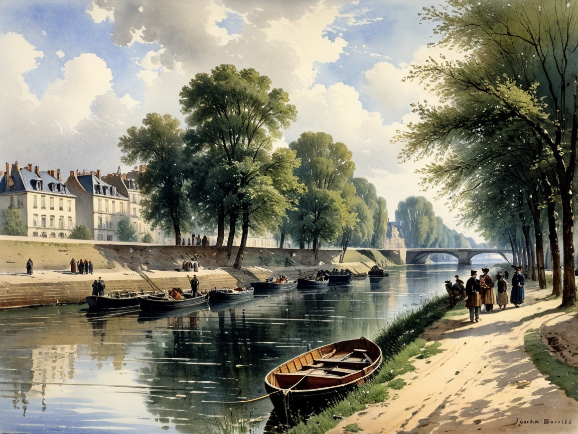 Tranquil Riverbank with Lush Trees and Elegant Buildings