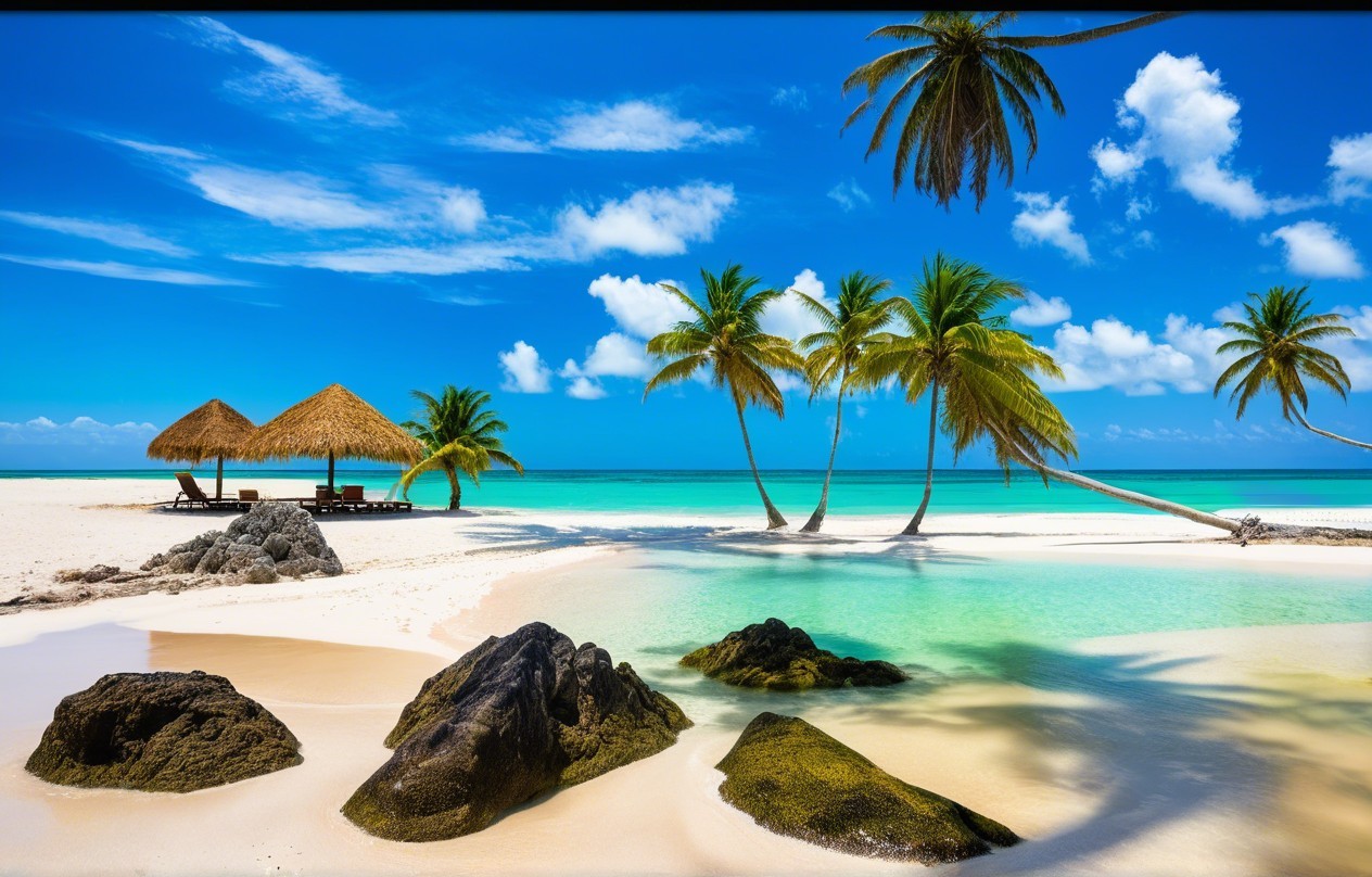 Tropical Beach Scene with Sand, Water, and Palm Trees