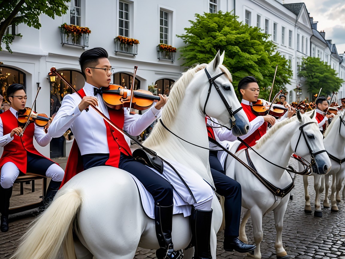 Musicians on White Horses in Elegant Red and White Attire