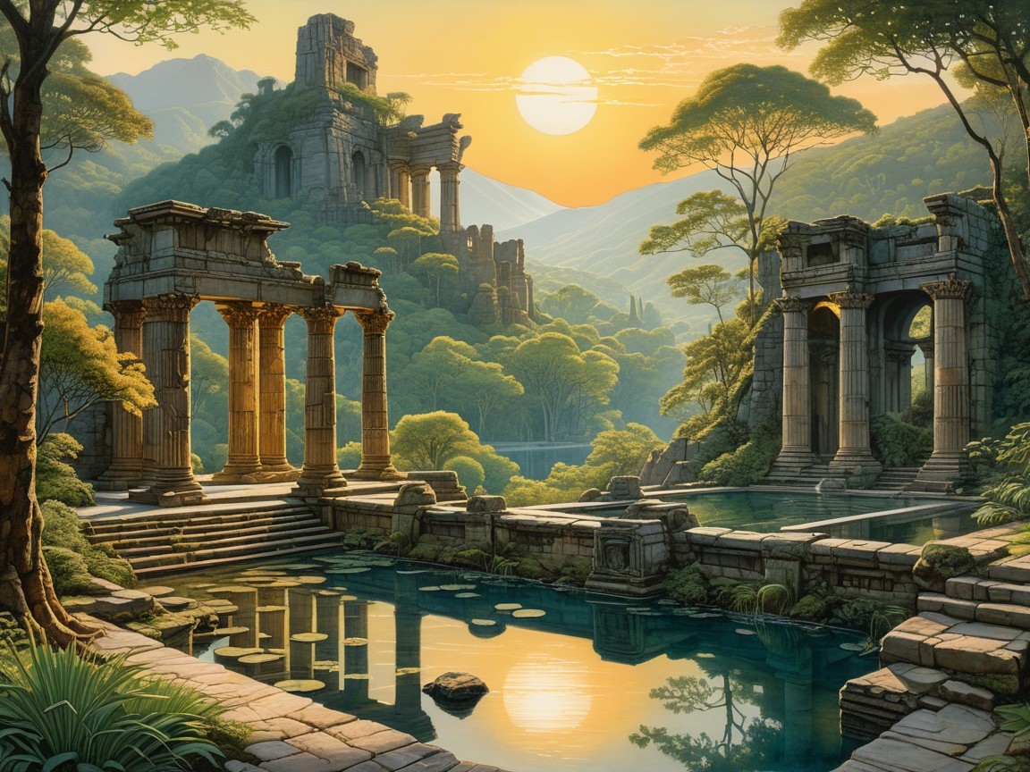 Serene Sunrise Landscape with Ancient Ruins and Hills