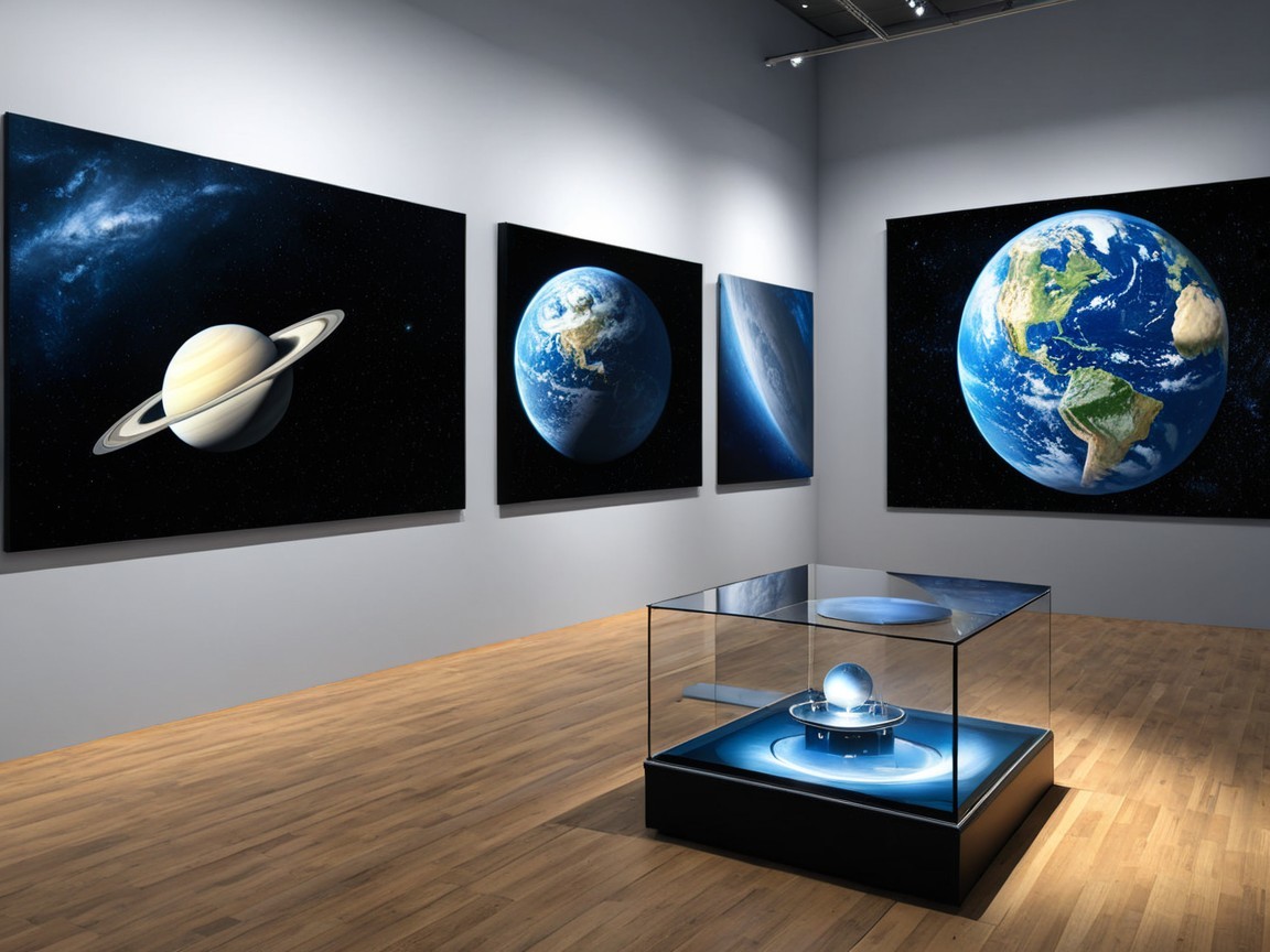 Modern Art Gallery with Cosmic-Themed Paintings
