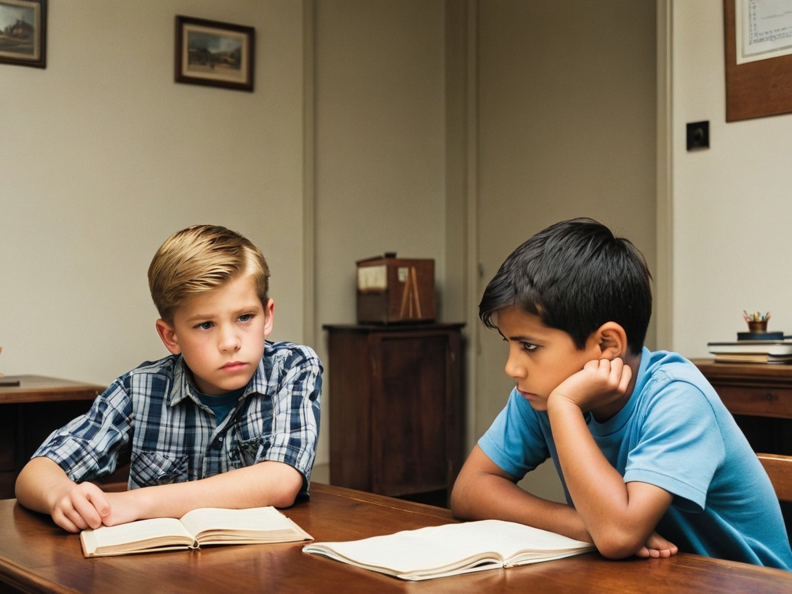 Boys in Classroom Focused on Study at Wooden Desk