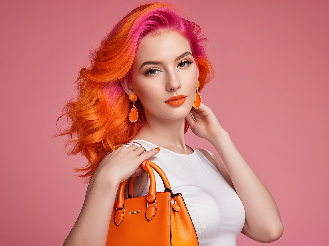 Young woman with pink-orange hair in playful fashion