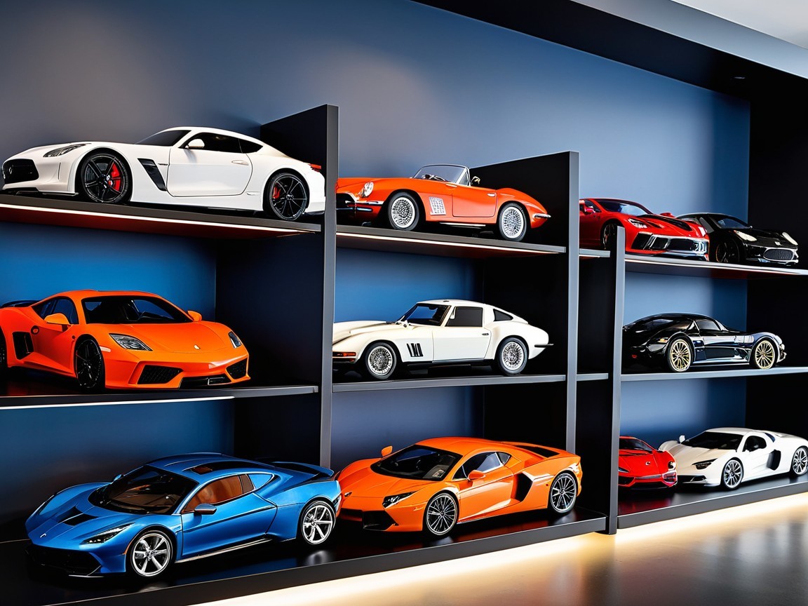 Miniature Luxury Cars on Stylish Display Shelves