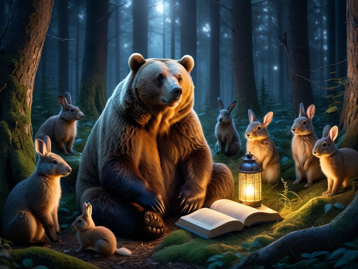 Bear and Rabbits in Moonlit Forest Scene
