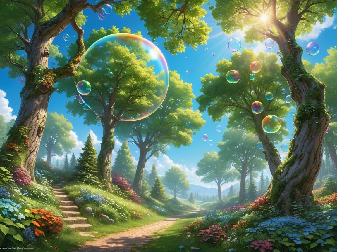 Vibrant Forest Scene with Trees, Flowers, and Bubbles