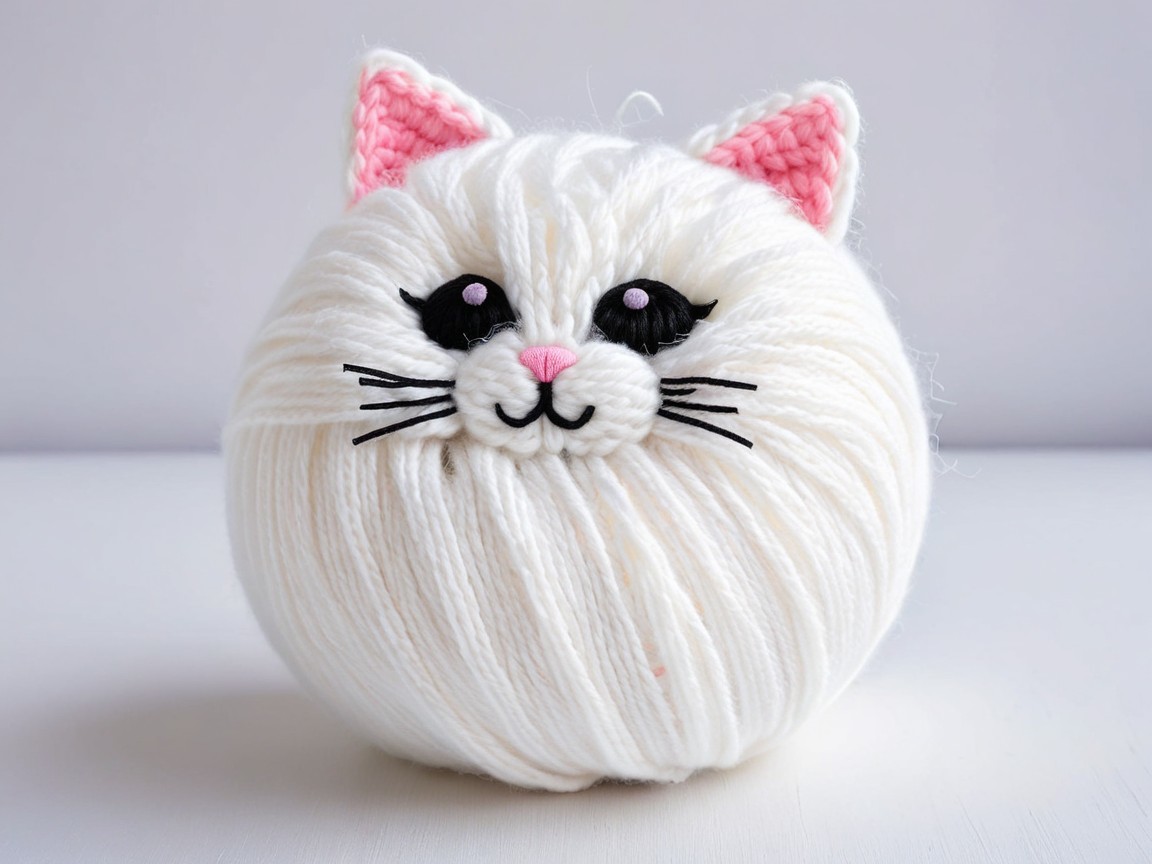White Yarn Cat Ball with Cute Features and Details