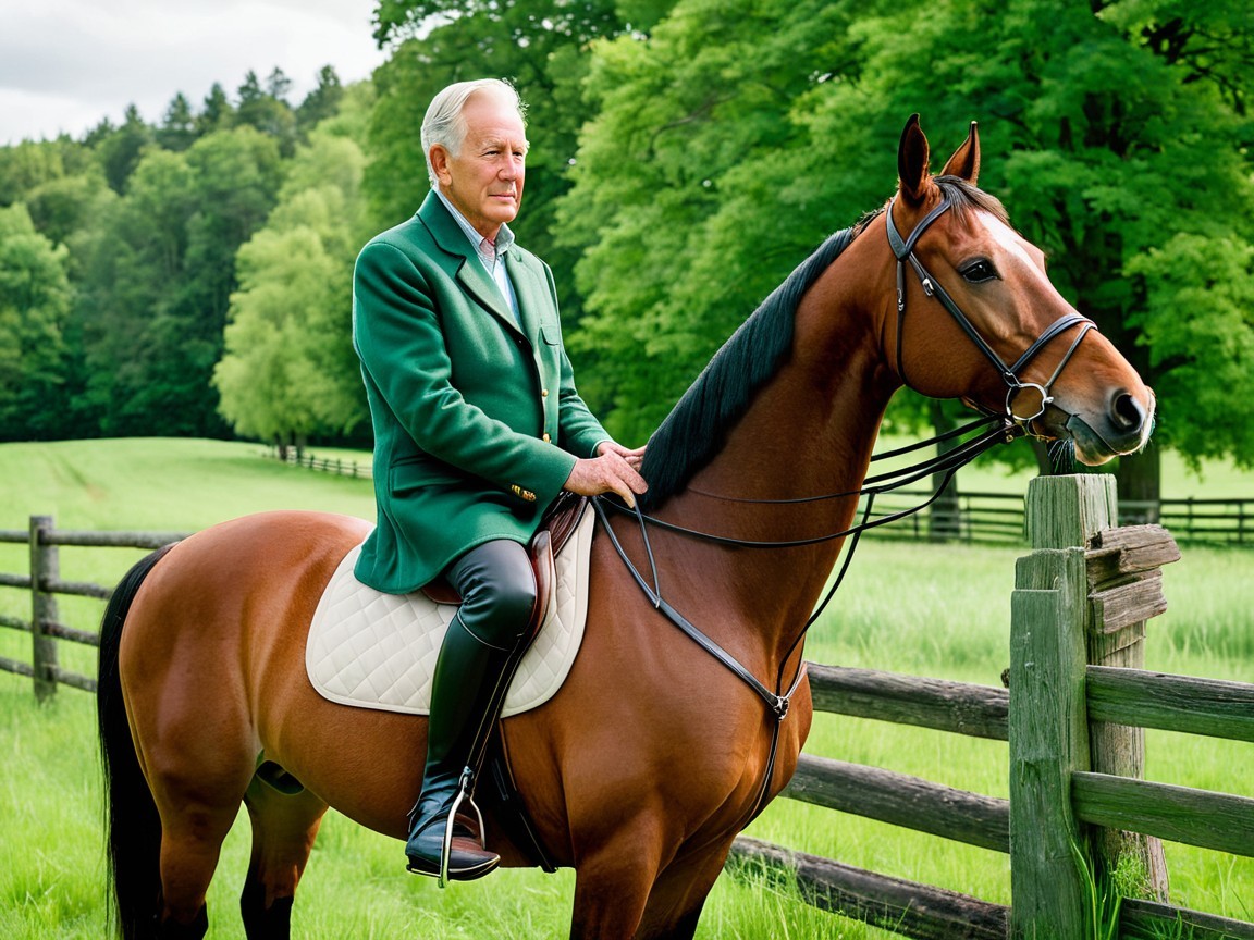 Elderly Man in Green Jacket on Horse in Countryside