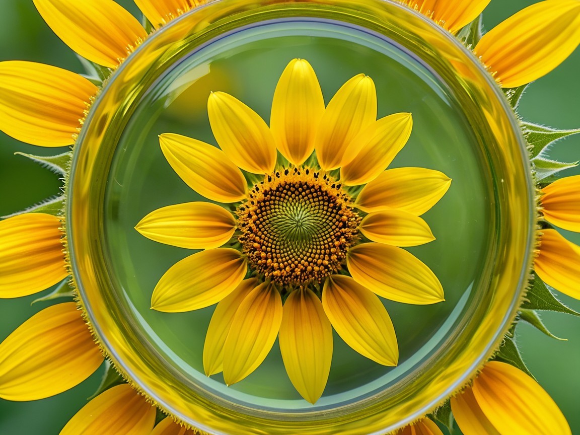 Vibrant sunflower with magnifying sphere and green backdrop