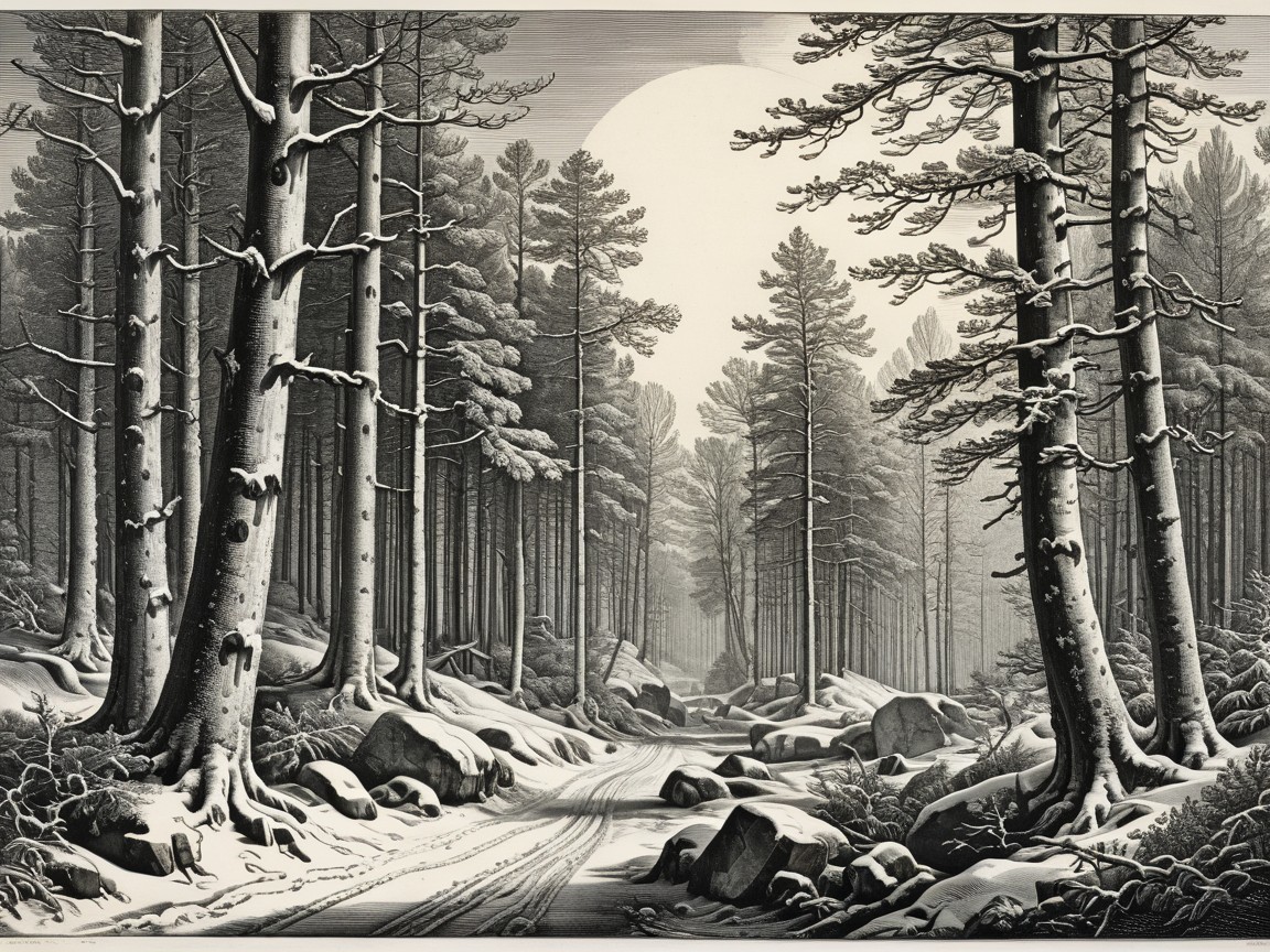 Monochromatic Engraving of a Snowy Pine Forest