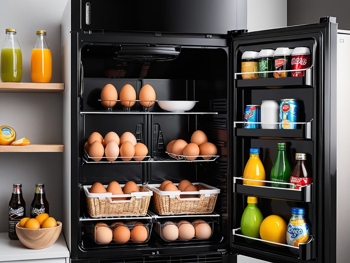 Organized Refrigerator with Drinks and Eggs Display