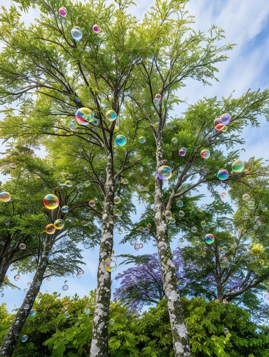 Tall Trees and Colorful Bubbles Under Blue Sky