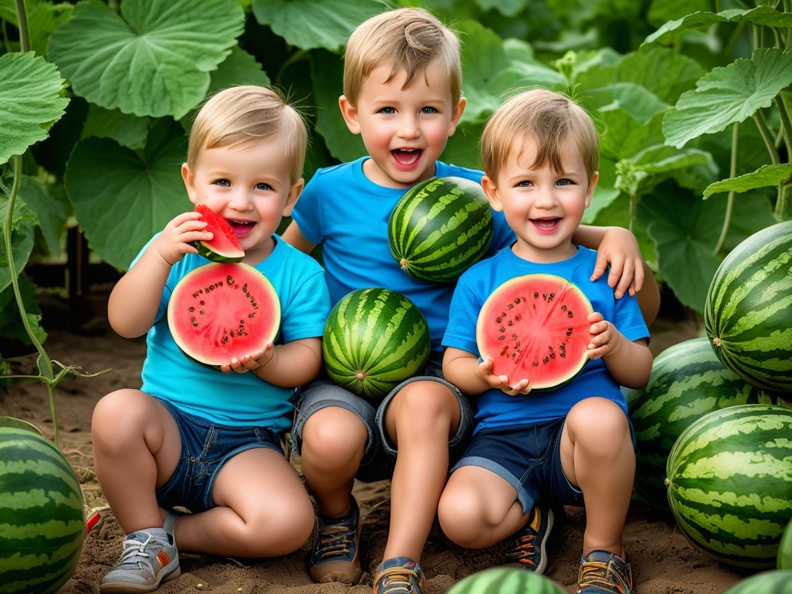 Young Boys in Watermelon Patch with Bright Smiles