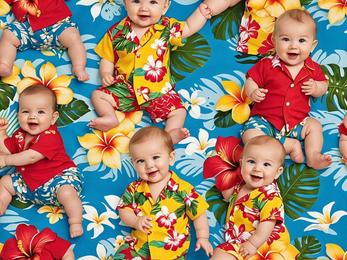 Happy Babies in Hawaiian Shirts on Tropical Background