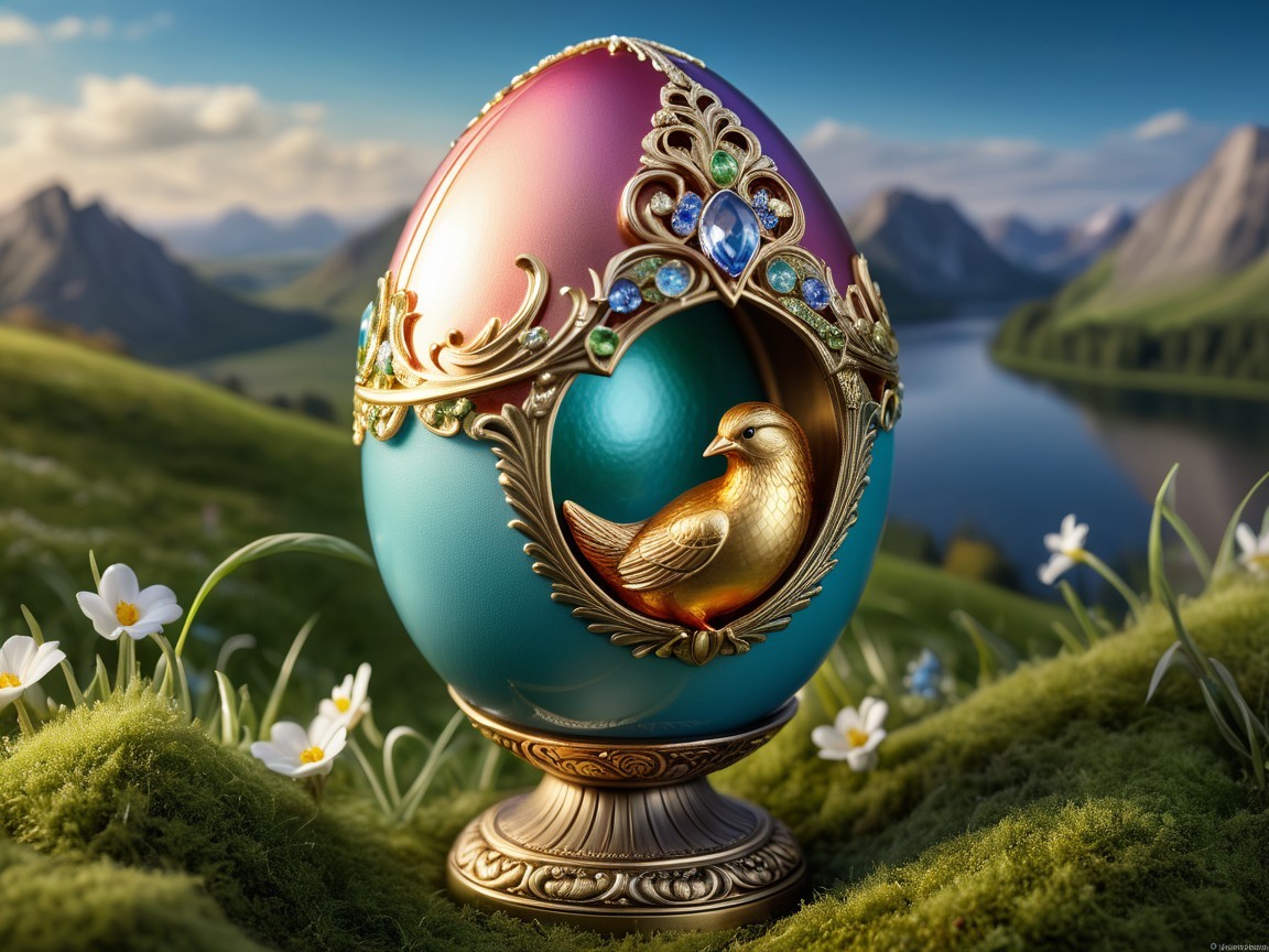 Decorative Egg on Grass with Flowers and Landscape