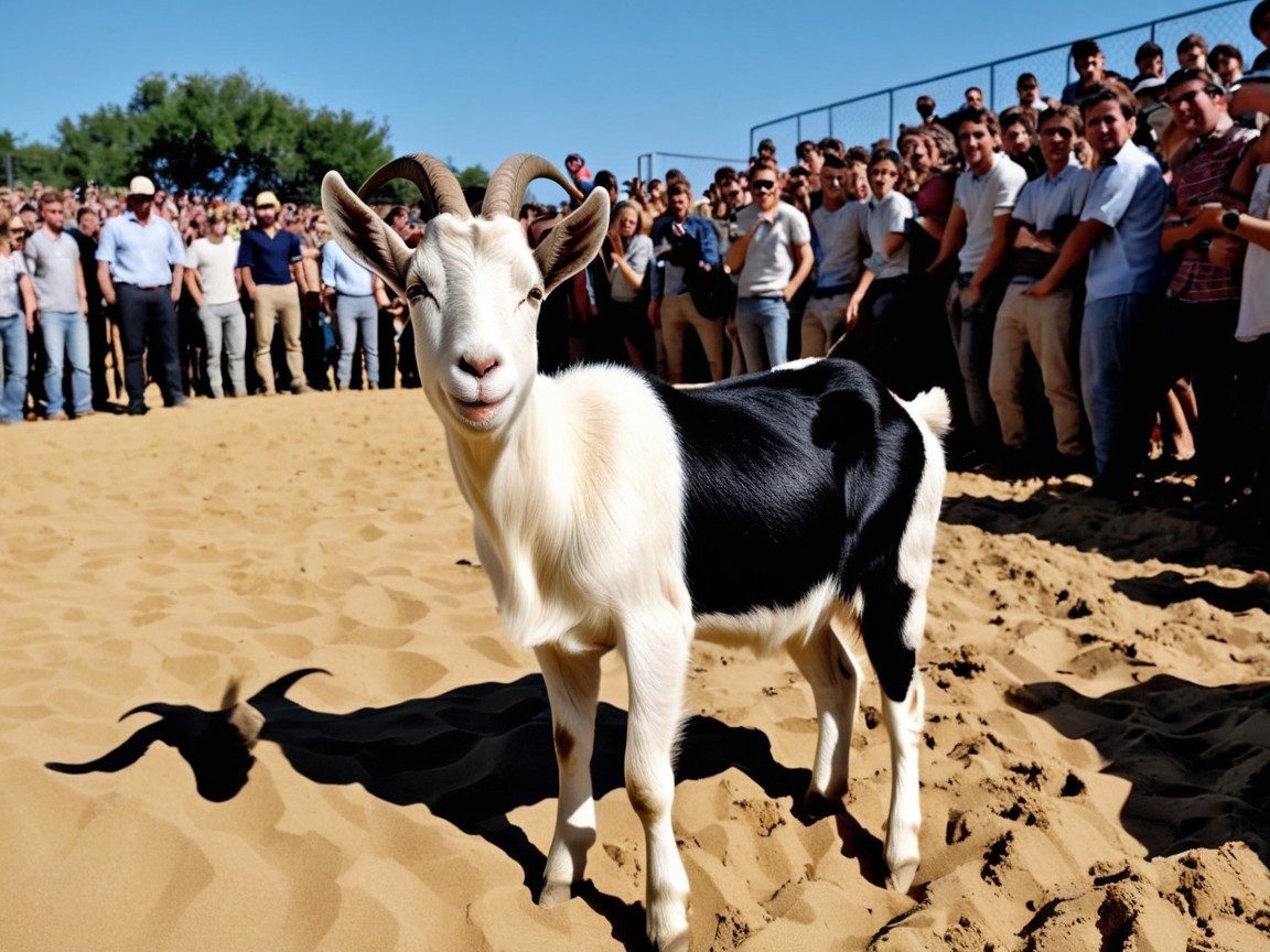 Goat in Arena Surrounded by Engaged Spectators
