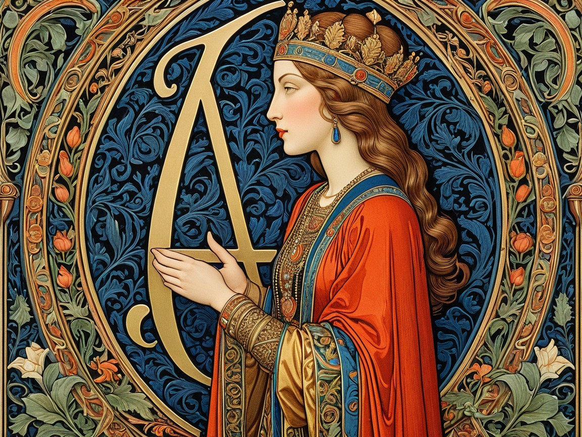 Intricate Medieval Woman Illustration with Floral Patterns