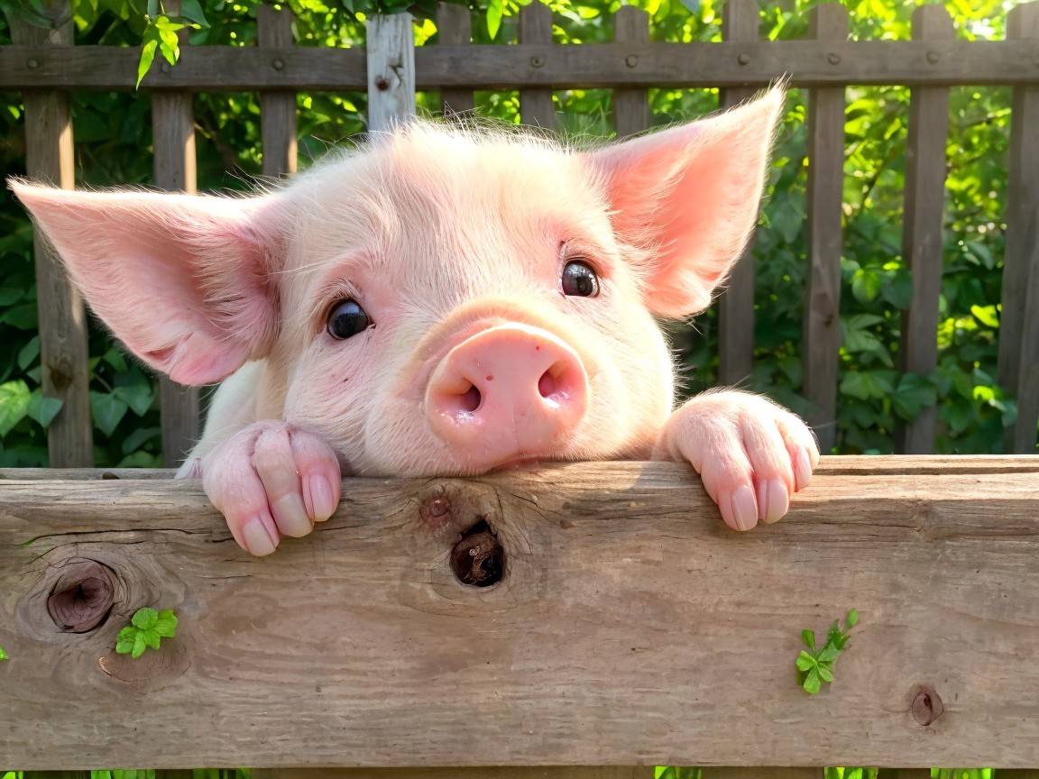 Cute Piglet Curiously Leaning Over Wooden Fence