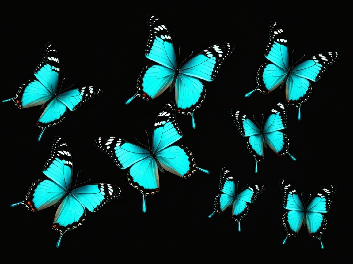 Cluster of Electric Blue Butterflies on Black Background