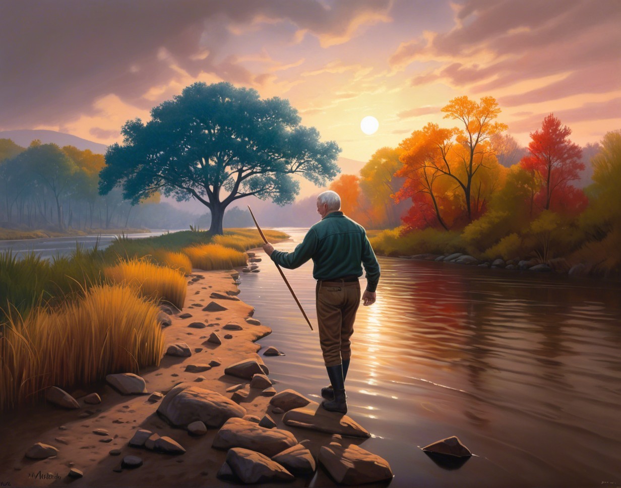 Elderly Man Fishing in Tranquil River at Sunset