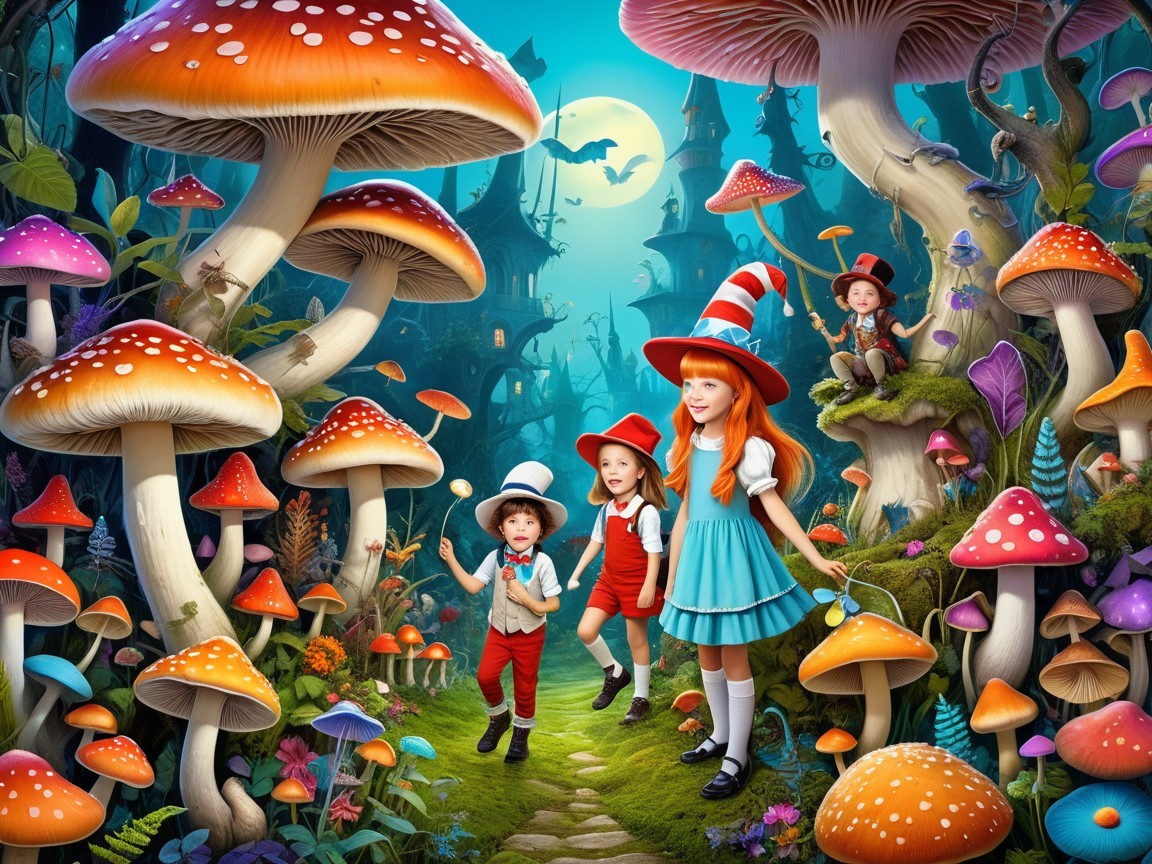 Children Exploring a Colorful Enchanted Forest