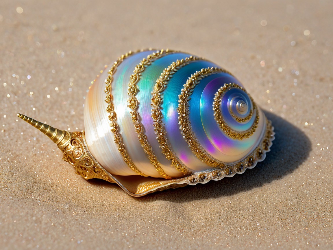 Ornate Seashell with Iridescent Colors on Sandy Beach