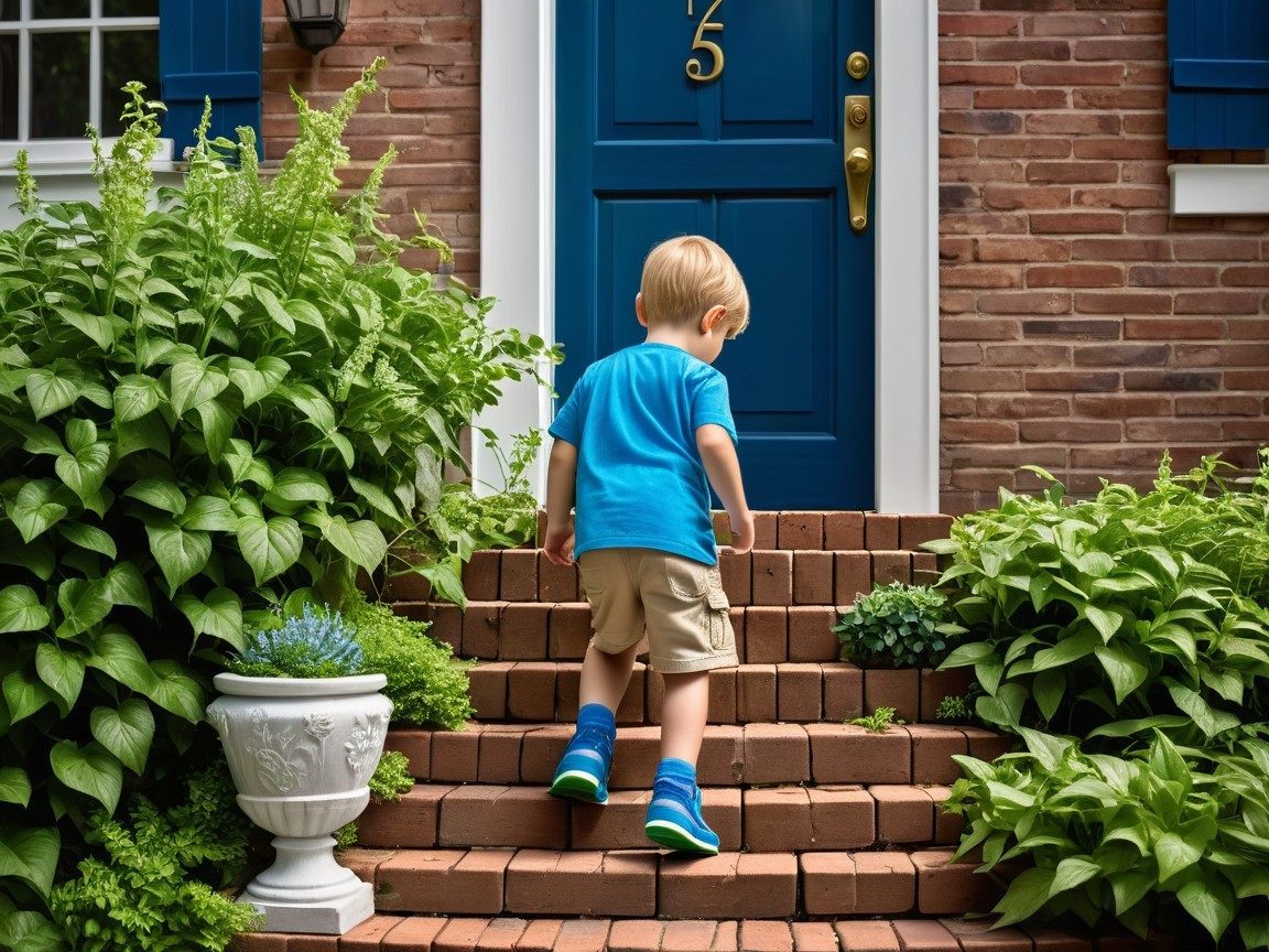 Child in blue shirt climbing brick steps to blue door