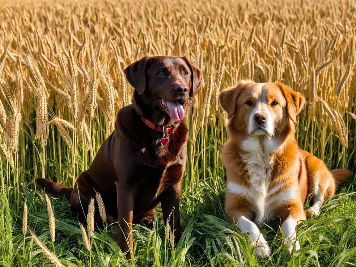 Dogs in a Sunlit Wheat Field Scene