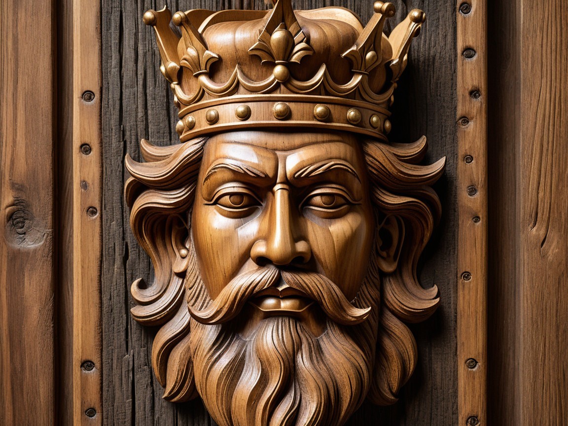 Detailed Wooden Carving of a King's Head with Crown