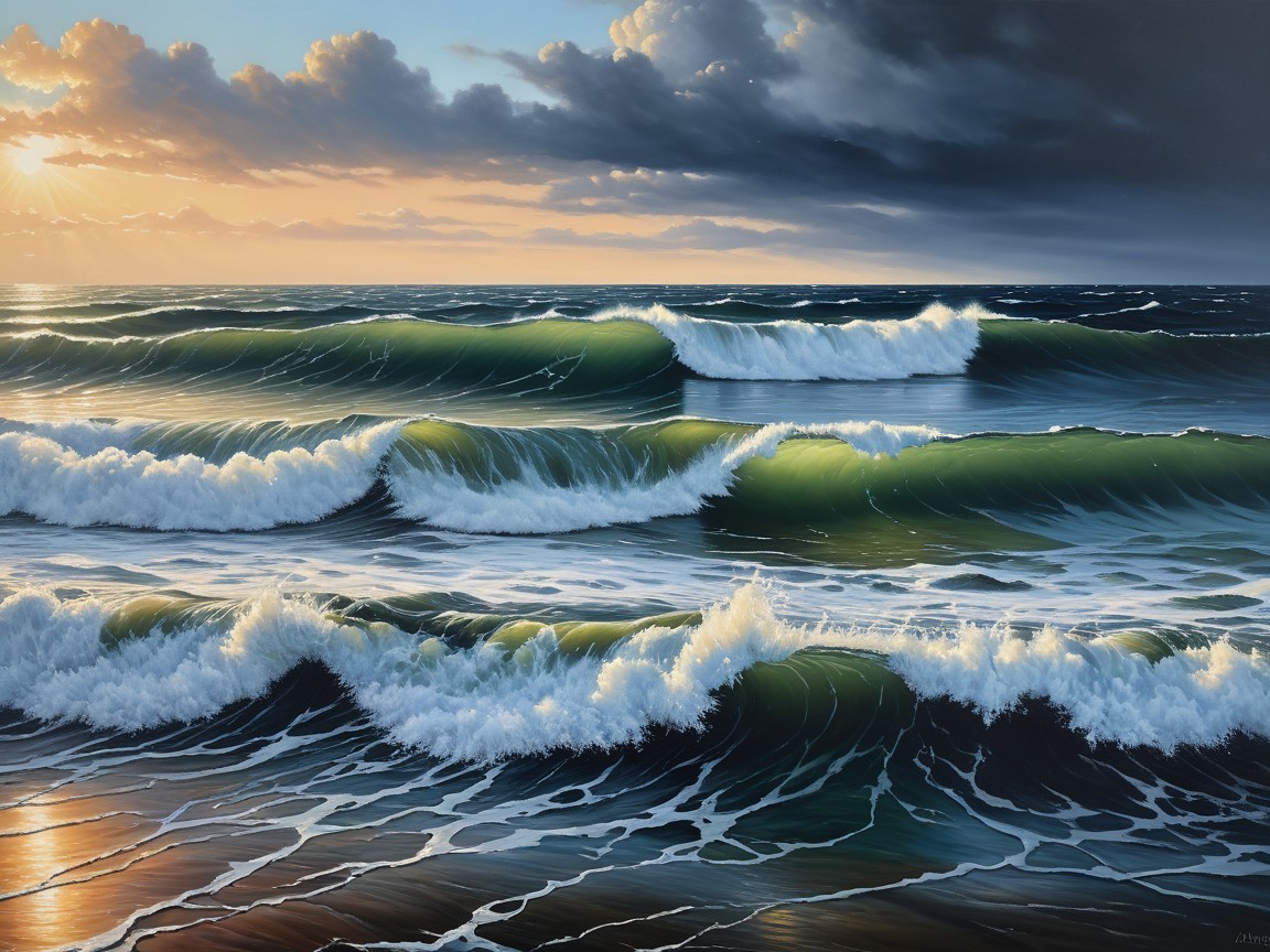 Seascape at Sunset with Waves and Dramatic Clouds