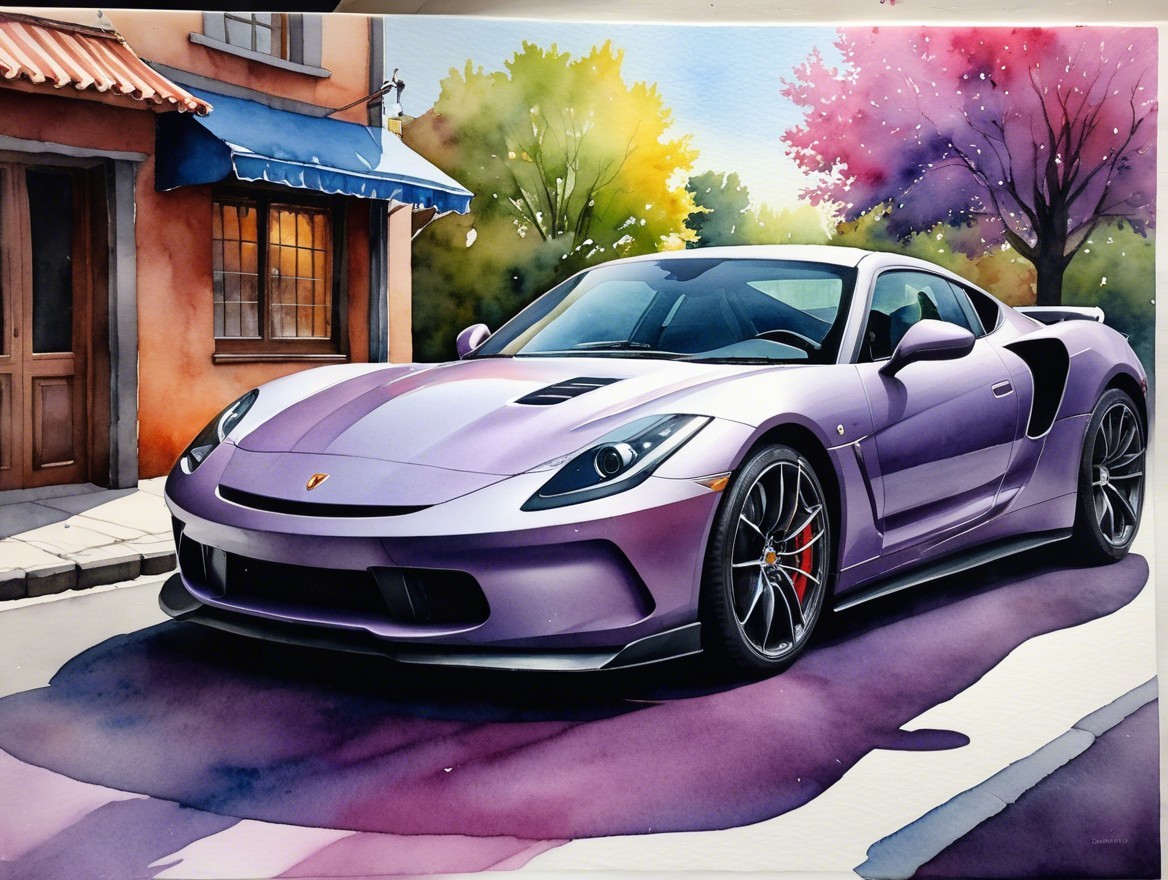 Purple Sports Car on Picturesque Street with Trees