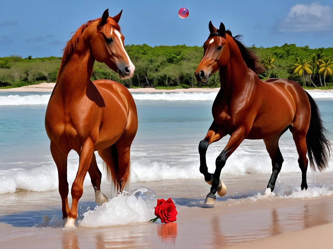 Brown horses in turquoise ocean water on sandy beach