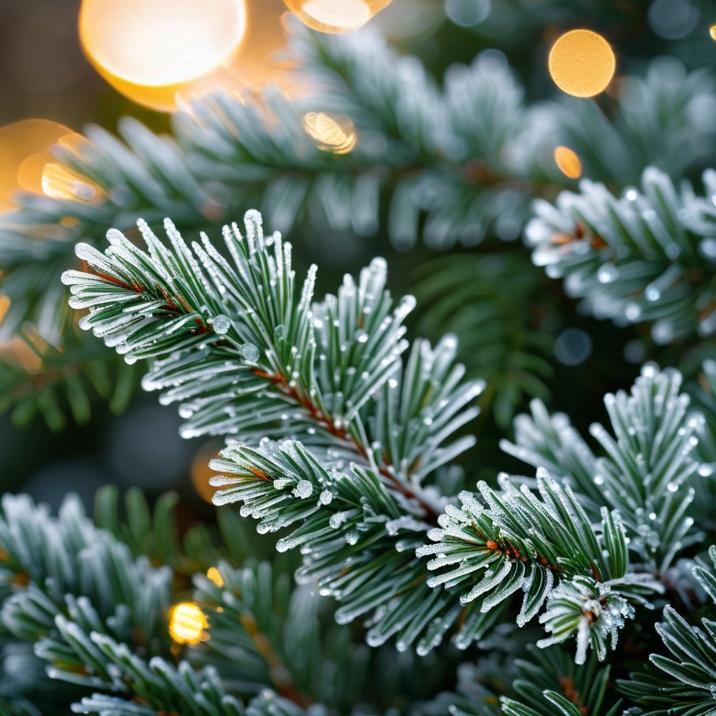 Frost-Covered Evergreen Branch with Water Droplets